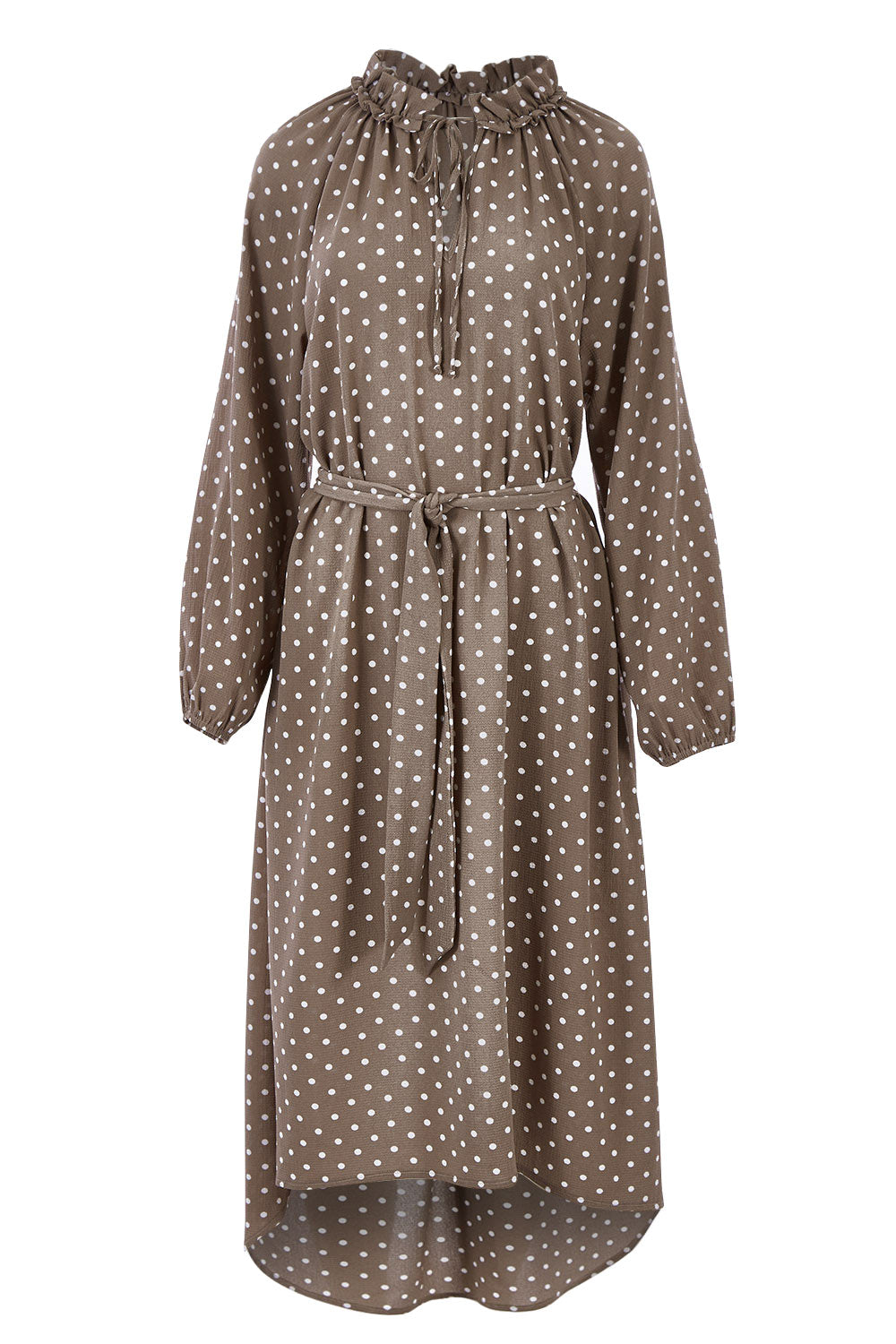 Product shot of the Going With The Flow Dress in colour Taupe, from the front