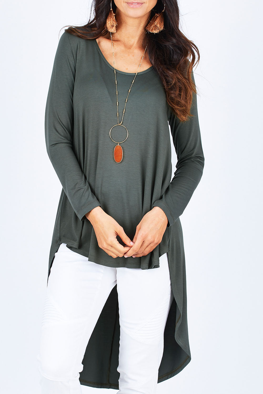 Model Gemma wearing size 10 of the Moonlight Kisses Bamboo Tee in colour Combat (Green), from the front, cropped image