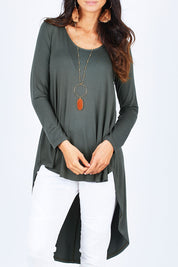Model Gemma wearing size 10 of the Moonlight Kisses Bamboo Tee in colour Combat (Green), from the front, cropped image