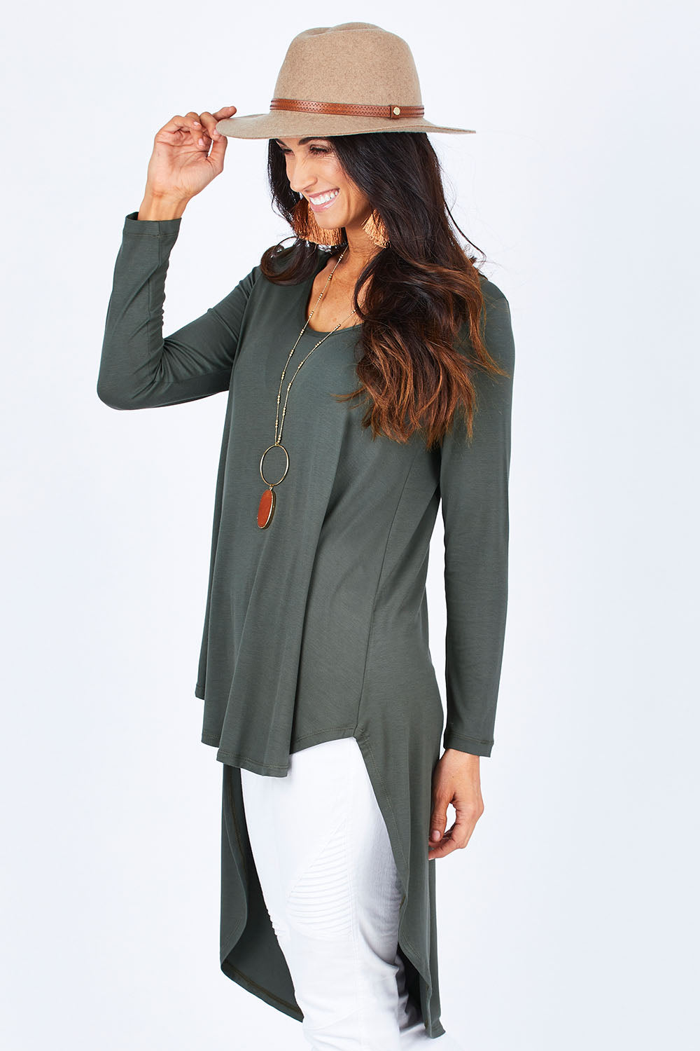 Model Gemma wearing size 10 of the Moonlight Kisses Bamboo Tee in colour Combat (Green), from the front, cropped image