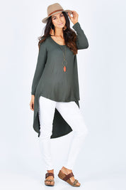 Model Gemma wearing size 10 of the Moonlight Kisses Bamboo Tee in colour Combat (Green), from the front, showing the whole outfit