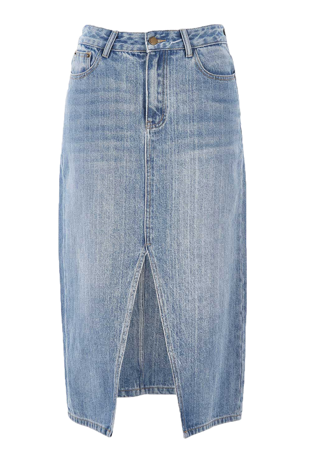 Product shot of the Happy Me Denim Skirt in colour Denim (Blue), from the front