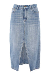 Product shot of the Happy Me Denim Skirt in colour Denim (Blue), from the front