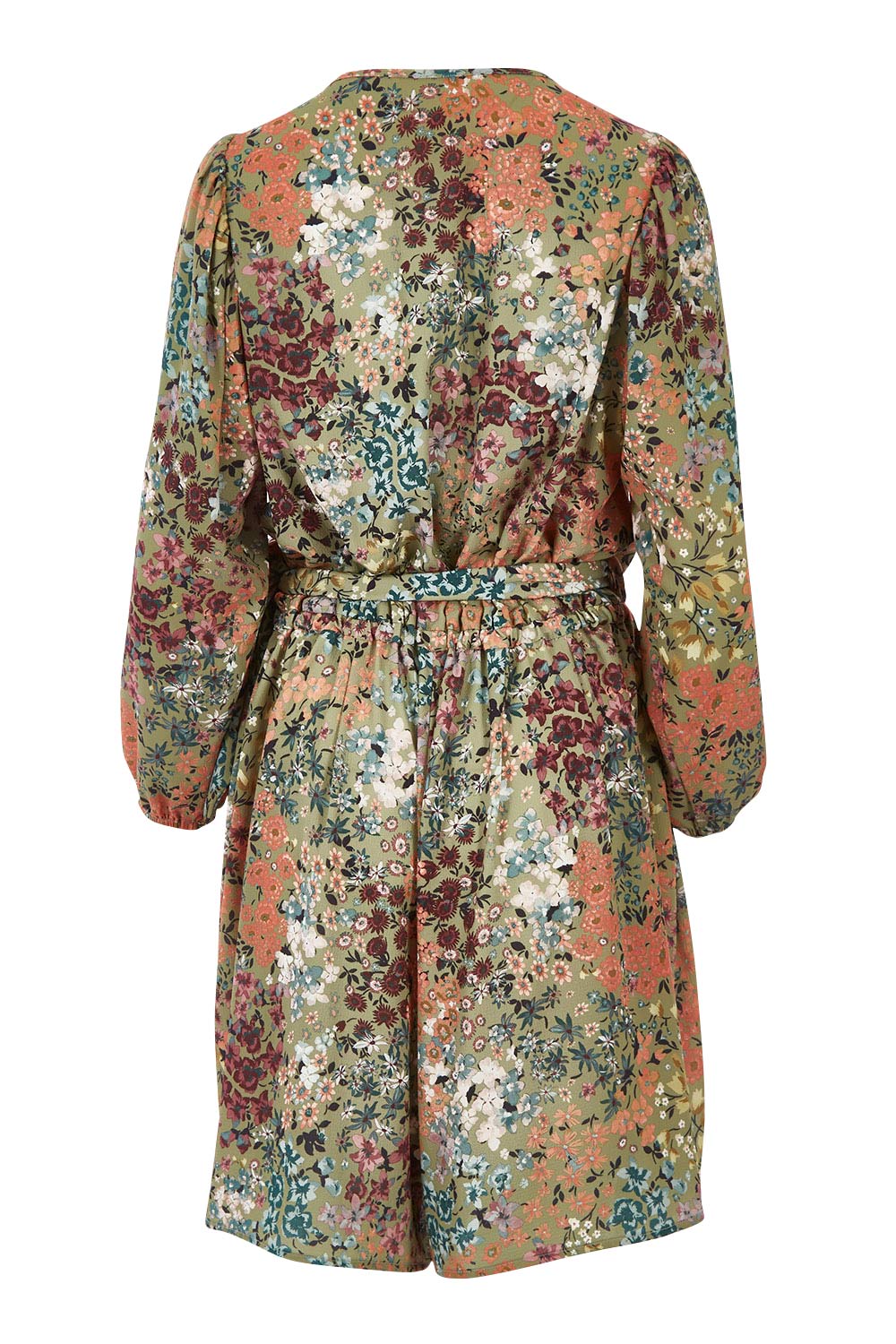 Product shot of the Flower Safari Jumpsuit in colour Khaki (Green), from the back