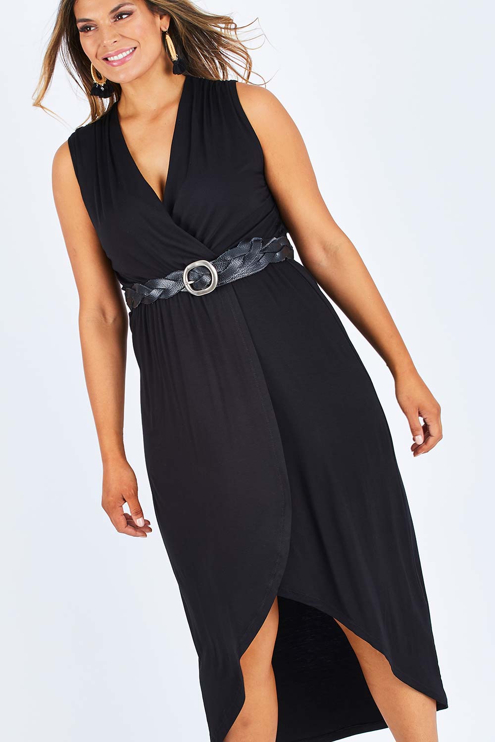 Model Palatina wearing size 14 of the Bamboo Freedom Faux Wrap Dress in colour Black (Black), from the front, cropped image