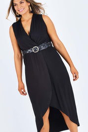 Model Palatina wearing size 14 of the Bamboo Freedom Faux Wrap Dress in colour Black (Black), from the front, cropped image