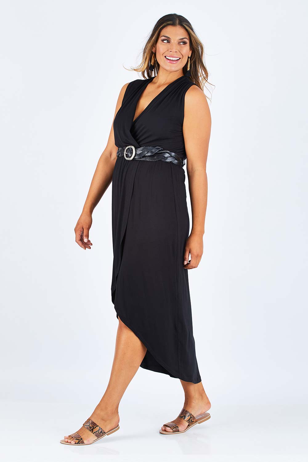 Model Palatina wearing size 14 of the Bamboo Freedom Faux Wrap Dress in colour Black (Black), from the front, showing the whole outfit