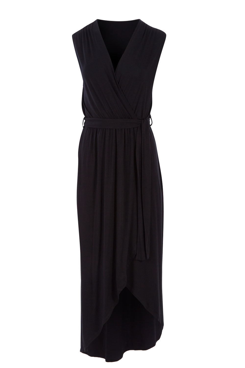 Product shot of the Bamboo Freedom Faux Wrap Dress in colour Black (Black), from the front