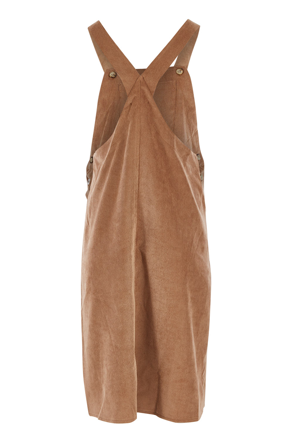 Product shot of the My Cord Pinafore Dress in colour Camel, from the back
