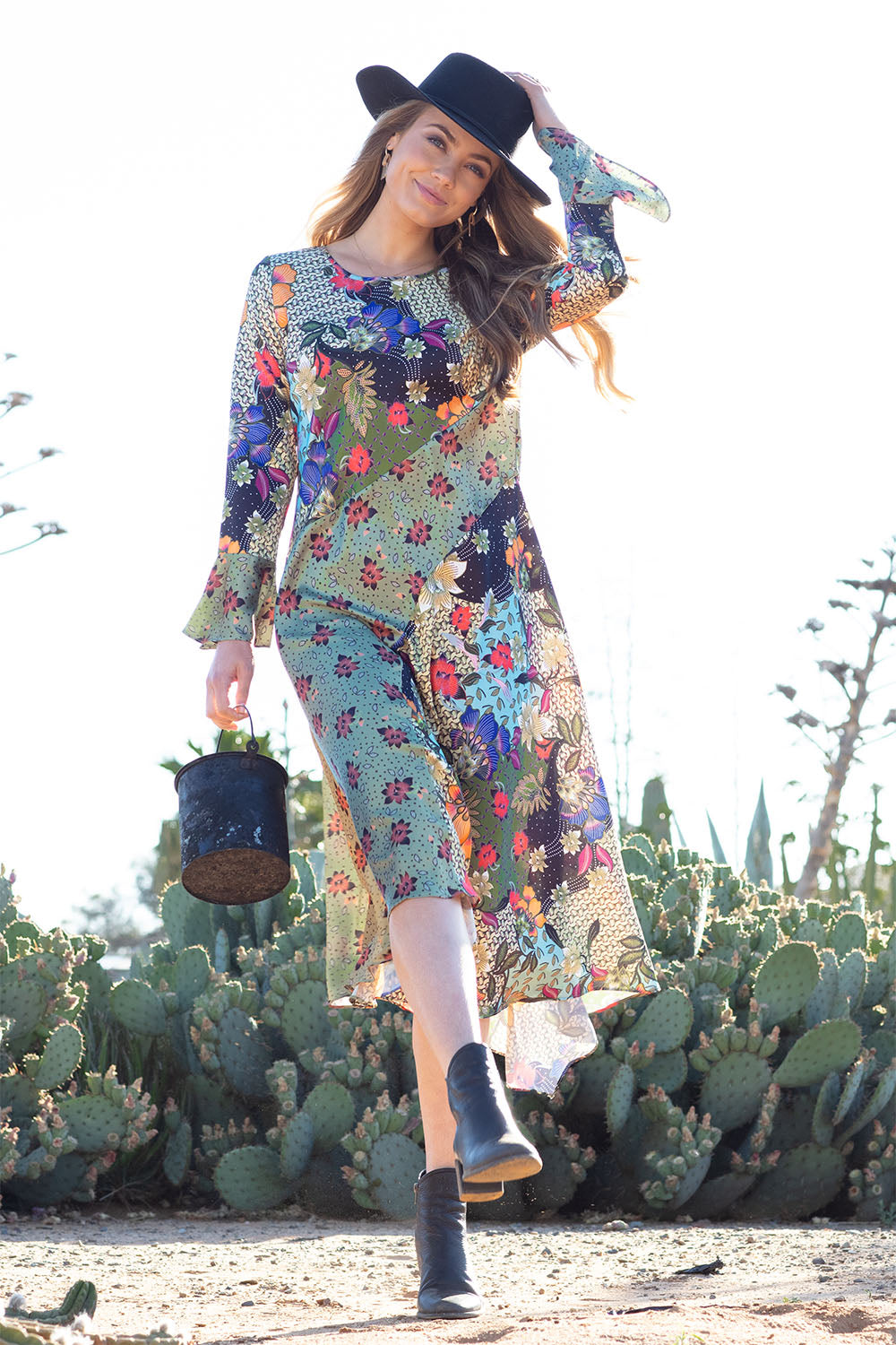Model Marnee wearing size 10 of the Mixing It Up Dress in colour Khaki (Green), from the front, showing the whole outfit