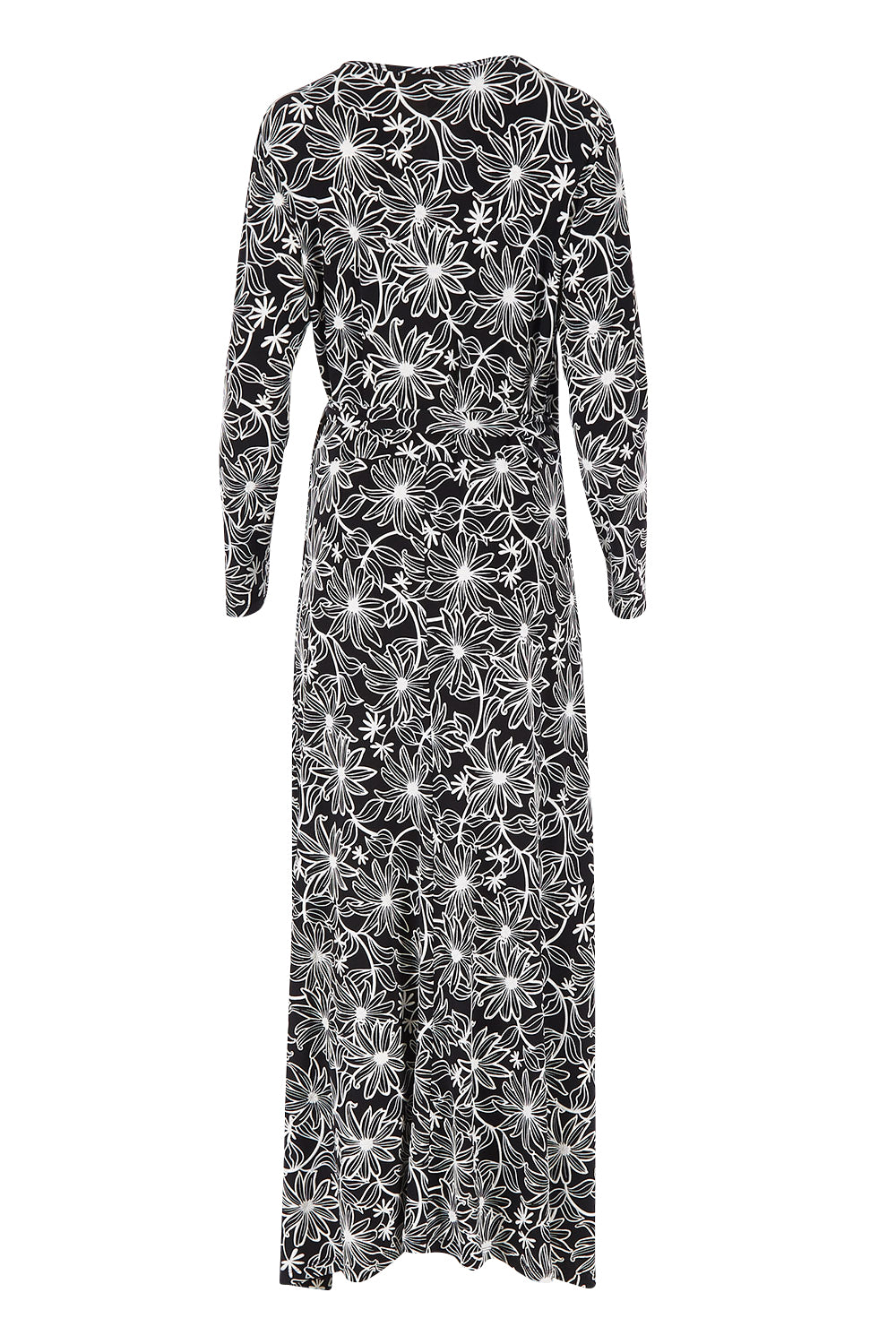 Product shot of the Flowers In Winter Wrap Maxi Dress in colour Blkwhite (Black), from the back