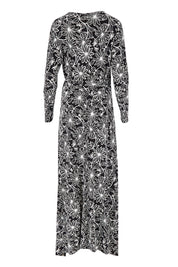 Product shot of the Flowers In Winter Wrap Maxi Dress in colour Blkwhite (Black), from the back