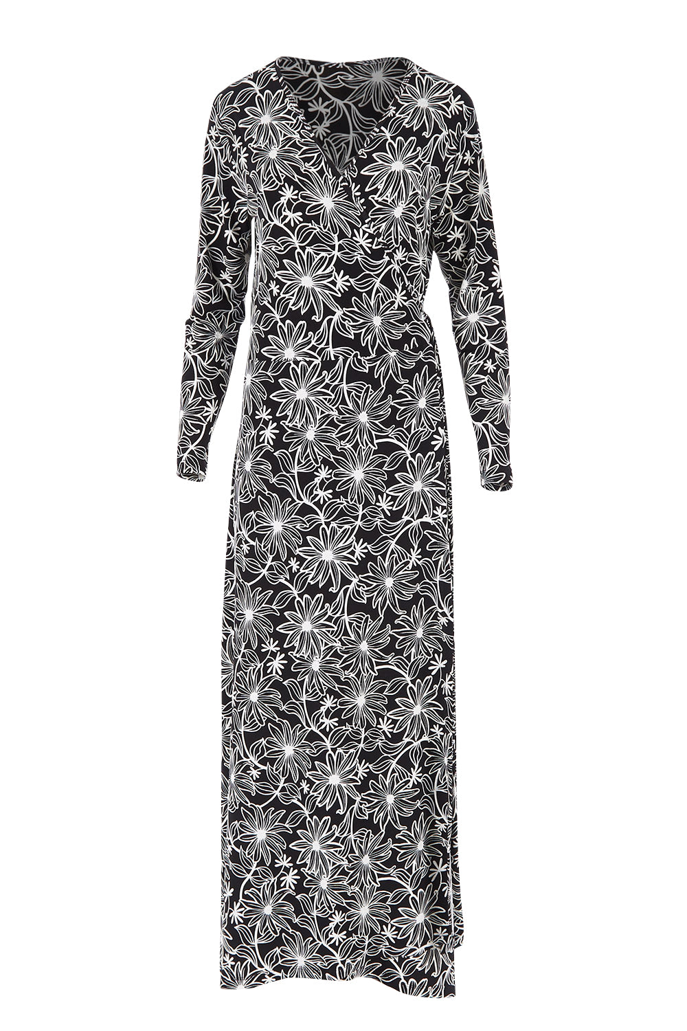 Product shot of the Flowers In Winter Wrap Maxi Dress in colour Blkwhite (Black), from the front