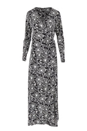 Product shot of the Flowers In Winter Wrap Maxi Dress in colour Blkwhite (Black), from the front