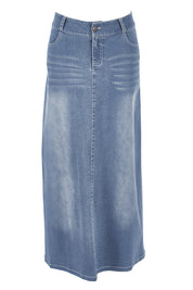 Product shot of the Dusty Footprints Skirt in colour Denim (Blue), from the front
