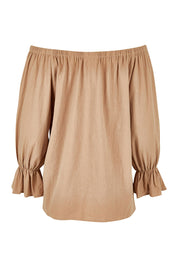 Product shot of the Twinkle In My Eye Off The Shoulder Top in colour Sand, from the back
