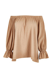 Product shot of the Twinkle In My Eye Off The Shoulder Top in colour Sand, from the front