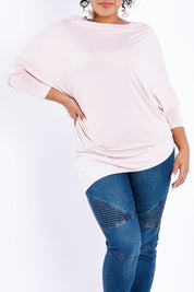 Model Sasha-Lee wearing size 16 of the Softly Swinging Bamboo Batwing Top in colour Ballet (Pink), from the front, cropped image
