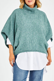Model Jess wearing size L of the Addicted To You Sweater in colour Sea (Blue), from the front, cropped image
