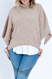 Model Jess wearing size L of the Addicted To You Sweater in colour Camel, from the front, cropped image