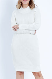 Model Jess wearing size L of the With My Crew Sweater Dress in colour Snow (White), from the front, cropped image
