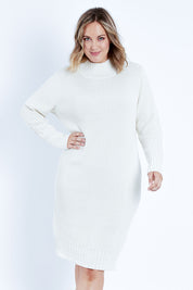 Model Jess wearing size L of the With My Crew Sweater Dress in colour Snow (White), from the front, cropped image