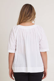 Model Chanel wearing size 16 of the Bliss Top in colour White (White), from the back