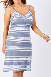 Model Laura wearing size 12 of the Orla Dress in colour Mohalo (Blue), from the front, cropped image