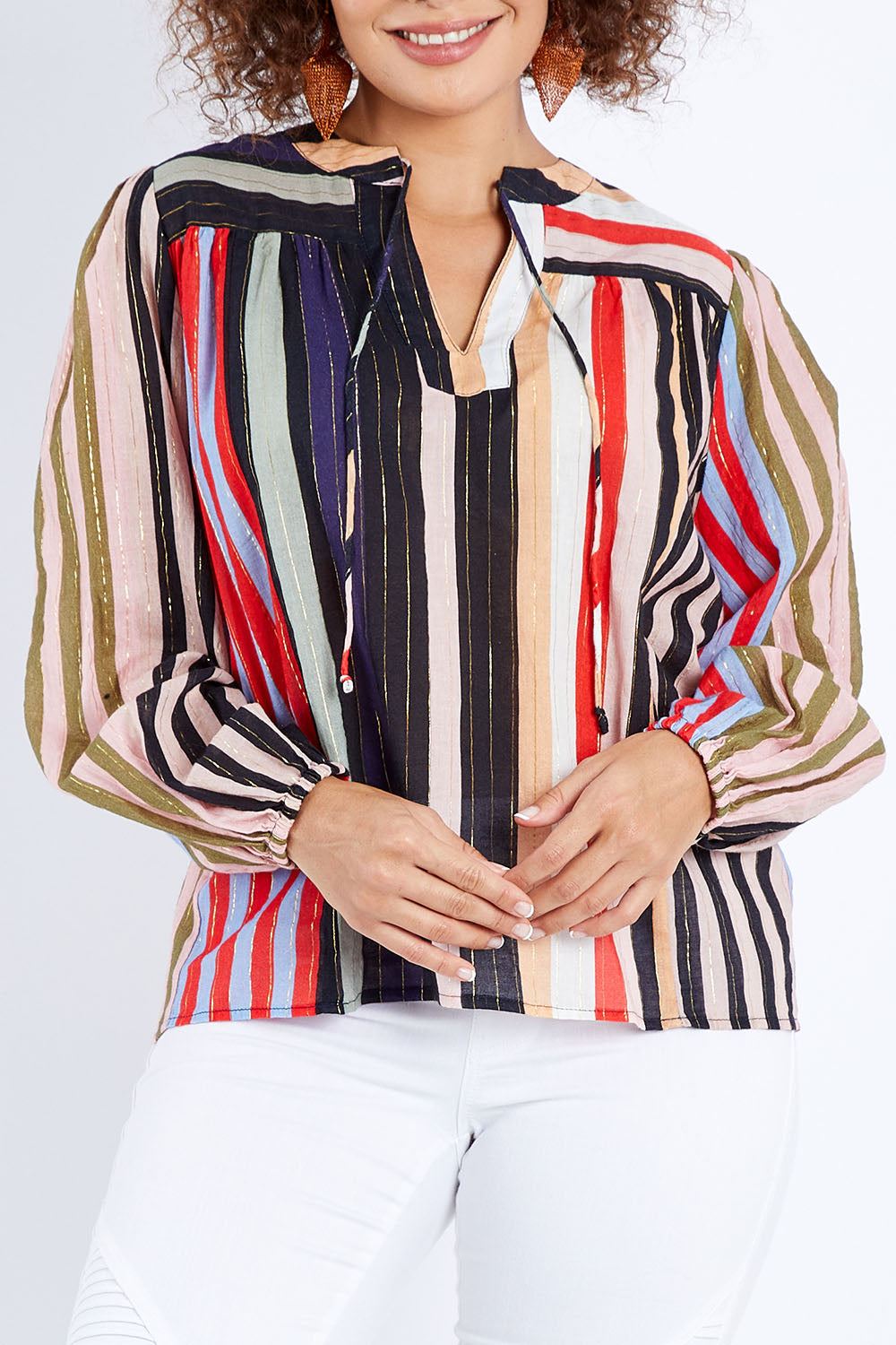 Model Lala wearing size 10 of the Fleetwood Top in colour Manhattan, from the front, cropped image