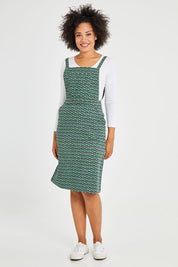 Model Olivia wearing size 10 of the Berty Reversible Tunic in colour Fresconavy (Blue), from the front, showing the whole outfit