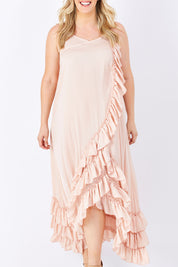 Model Jess wearing size M-L of the Margarita Dress in colour DustyRose (Pink), from the front, cropped image
