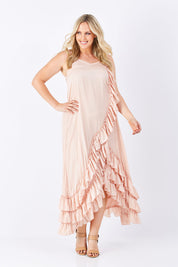 Model Jess wearing size M-L of the Margarita Dress in colour DustyRose (Pink), from the front, showing the whole outfit