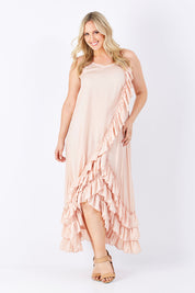 Model Jess wearing size M-L of the Margarita Dress in colour DustyRose (Pink), from the front, showing the whole outfit