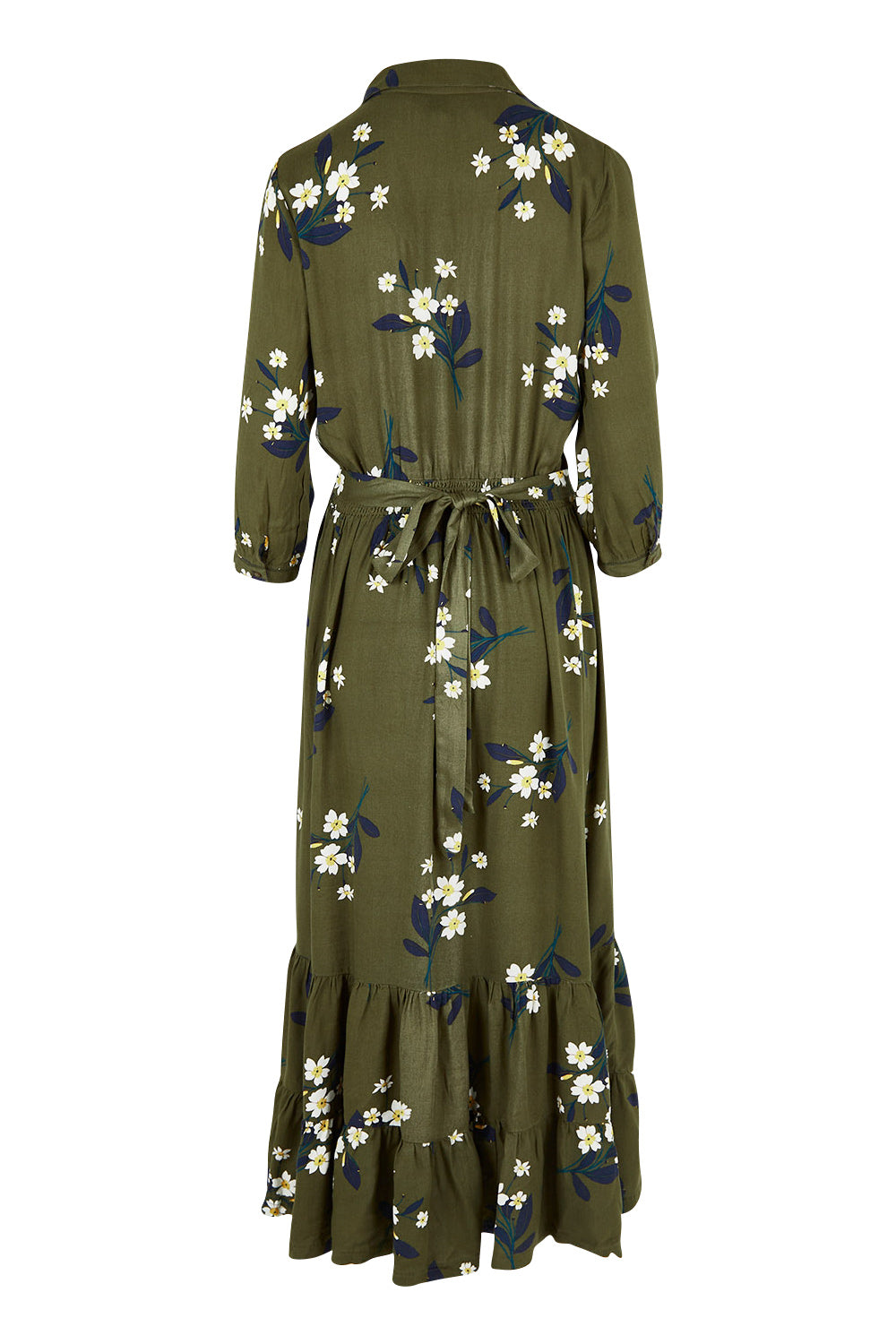 Product shot of the Primrose Olive Maxi Shirt Dress in colour Green (Green), from the back