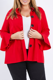Model Fiona wearing size XL of the Crimson Button Jacket in colour Red (Red), from the front, cropped image