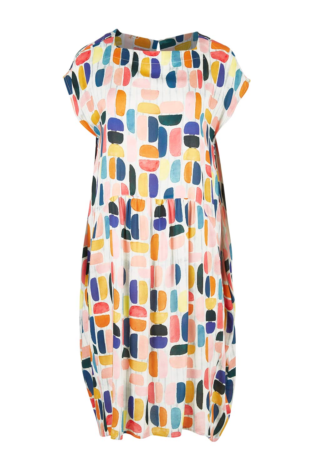 Product shot of the Abstract Print Dress in colour Multi (Blue), from the front