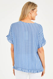 Model Kelly wearing size S of the Stripe Frilled Hem Top in colour Denim (Blue), from the back