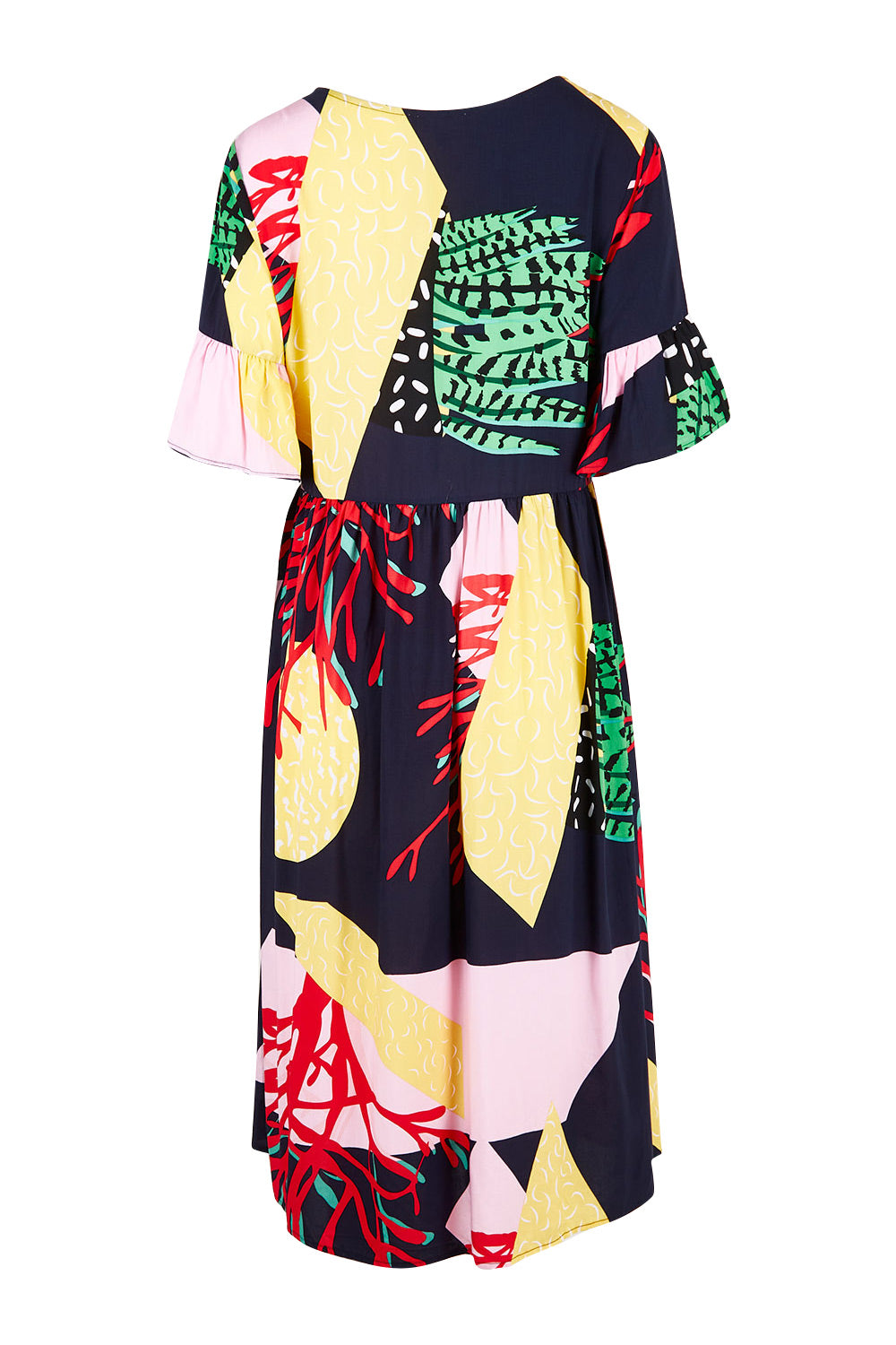 Product shot of the Under The Sea Print Dress in colour Navy (Blue), from the back