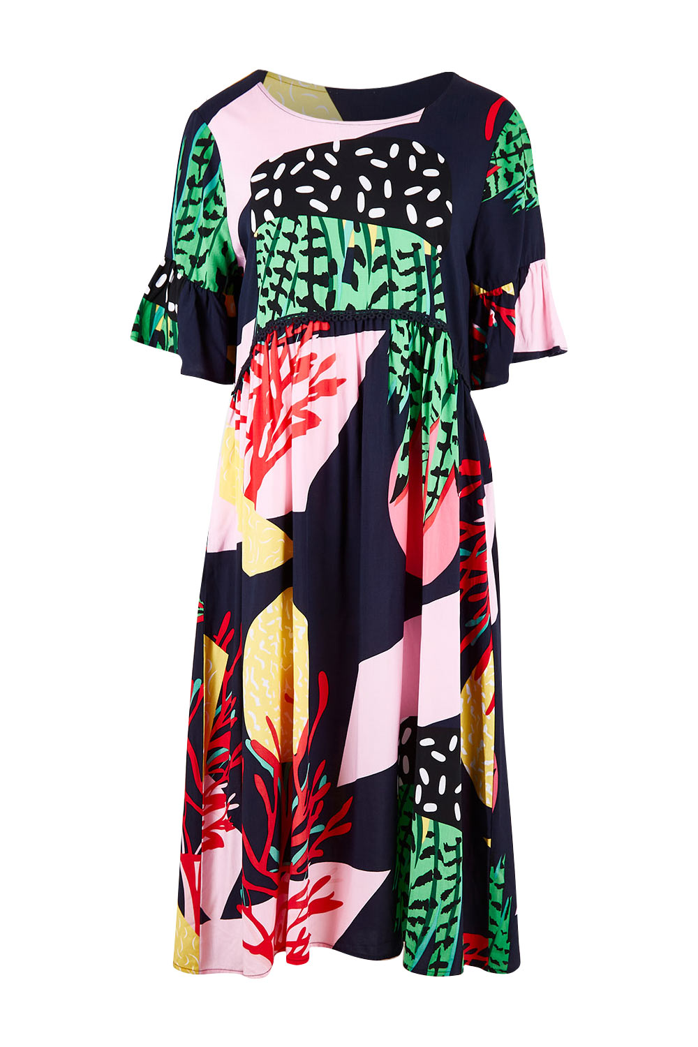 Product shot of the Under The Sea Print Dress in colour Navy (Blue), from the front