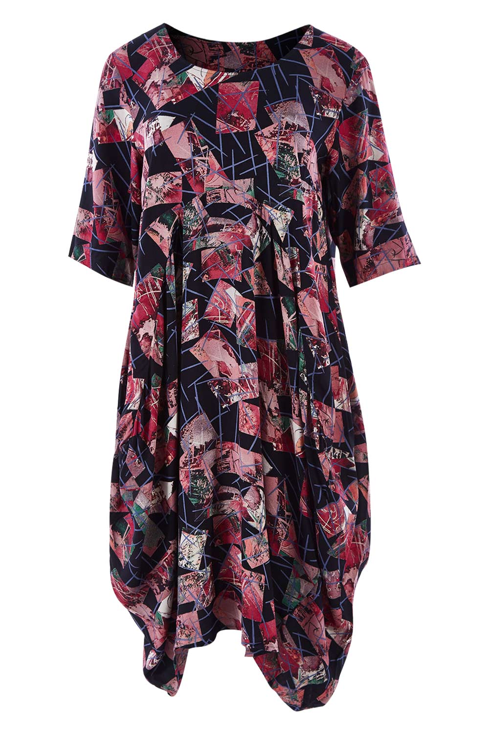 Product shot of the Rayon Bounce Dress in colour Print (Pink), from the front