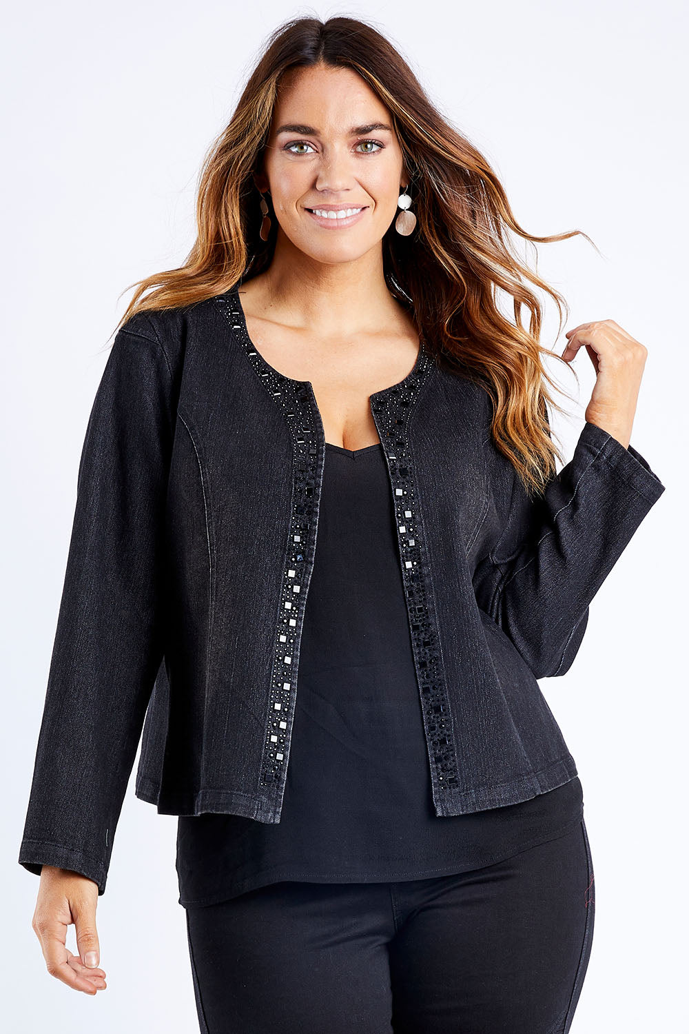 Model Laura wearing size 14 of the Luxe Ponte Jacket in colour Black (Black), from the front, cropped image
