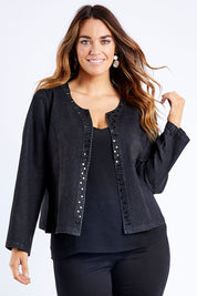 Model Laura wearing size 14 of the Luxe Ponte Jacket in colour Black (Black), from the front, cropped image