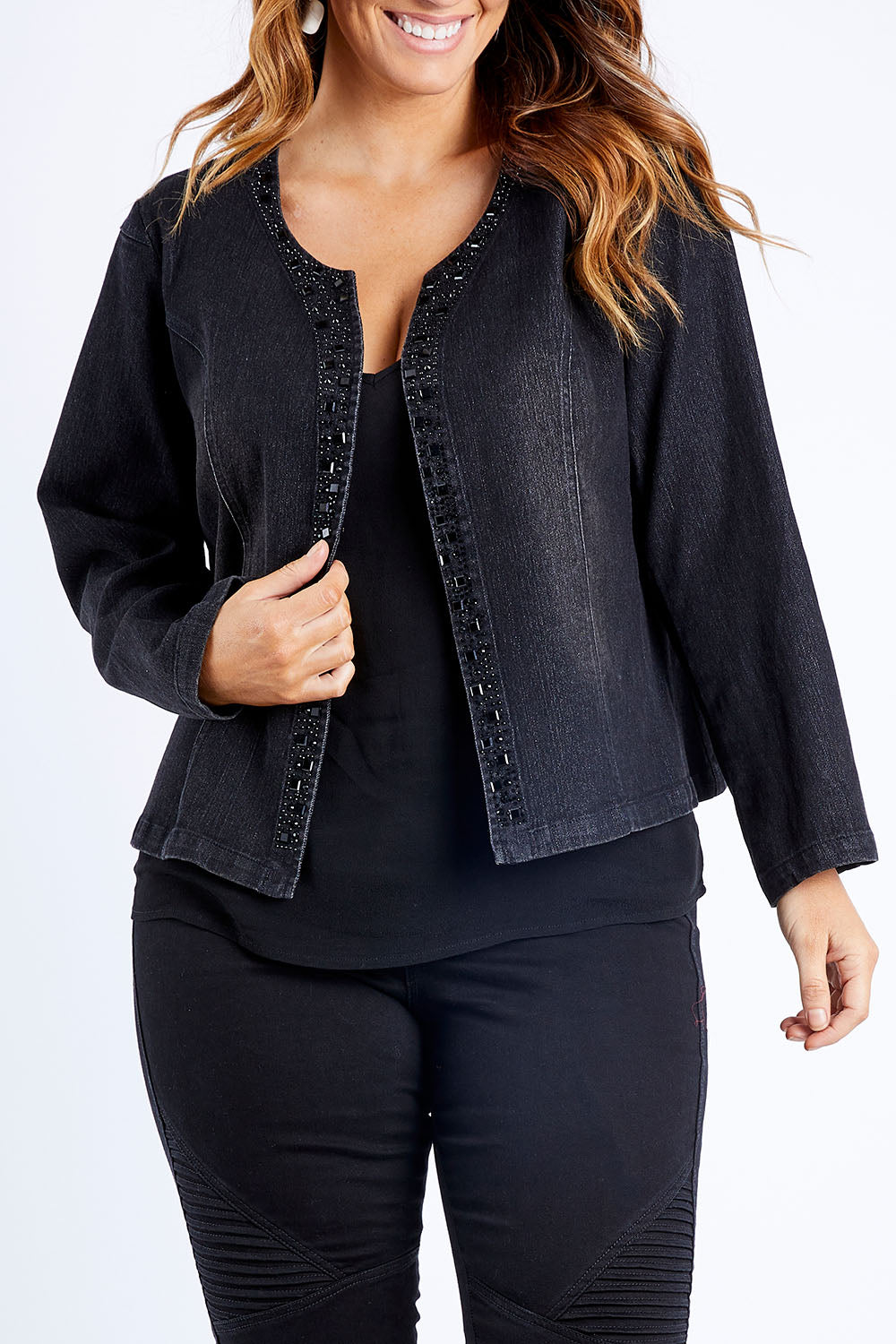 Model Laura wearing size 14 of the Luxe Ponte Jacket in colour Black (Black), from the front, cropped image
