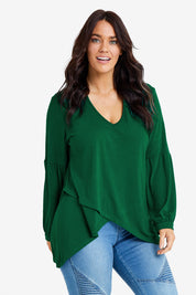 Model Laura wearing size 14 of the Preloved Hi Lo Knit Tunic in colour Emerald (Green), from the front, cropped image