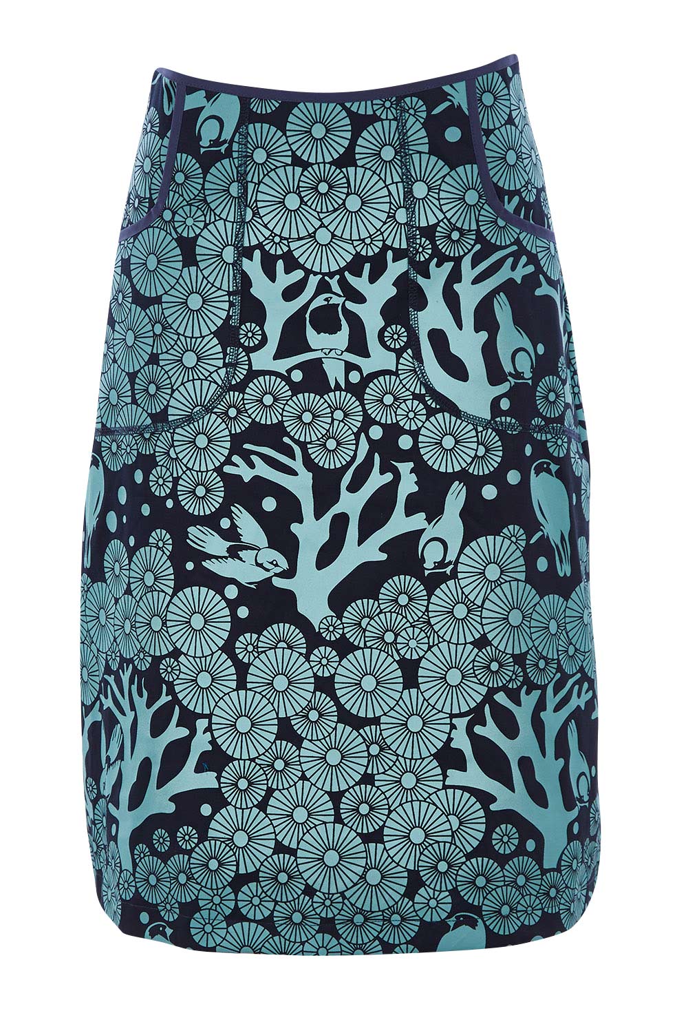 Product shot of the Avril Skirt Long Mikko in colour Greenink (Blue), from the front