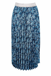 Product shot of the Tilli Pleated Skirt in colour Indiflower (Blue), from the back
