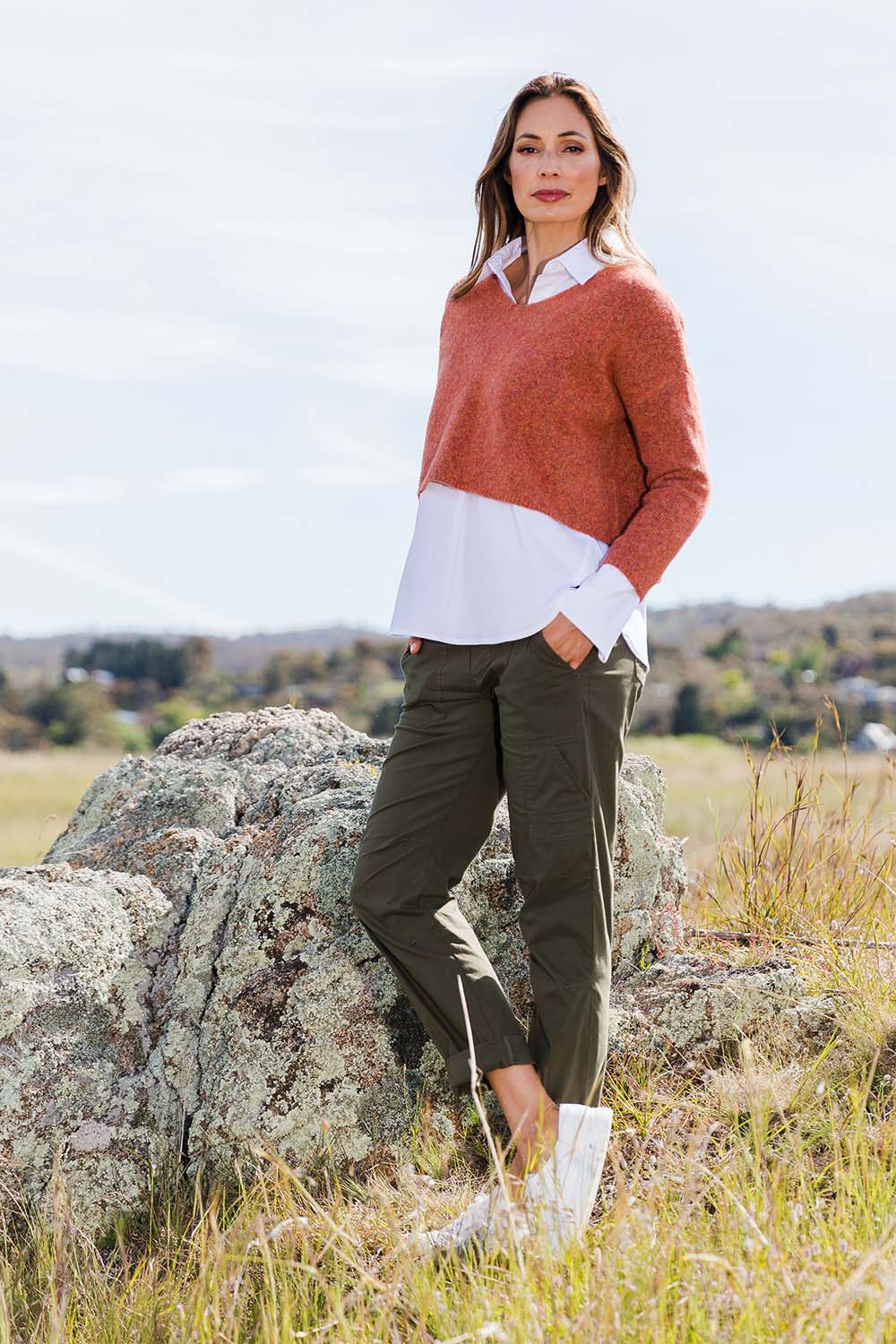 Model Amanda wearing size 10 of the Signature Crafty Pant in colour Military (Green), from the front, showing the whole outfit