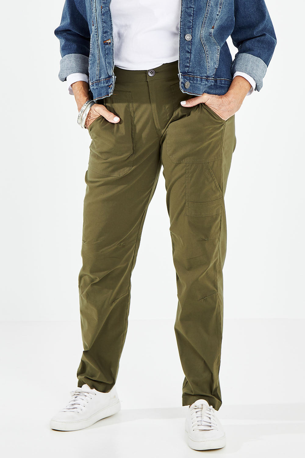 Model Elise wearing size 10 of the Signature Crafty Pant in colour Military (Green), from the front, cropped image