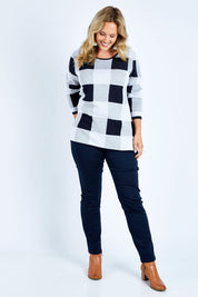 Model Jess wearing size 14 of the Hit Refresh Luxe Jeggings in colour Indigo (Blue), from the front, showing the whole outfit