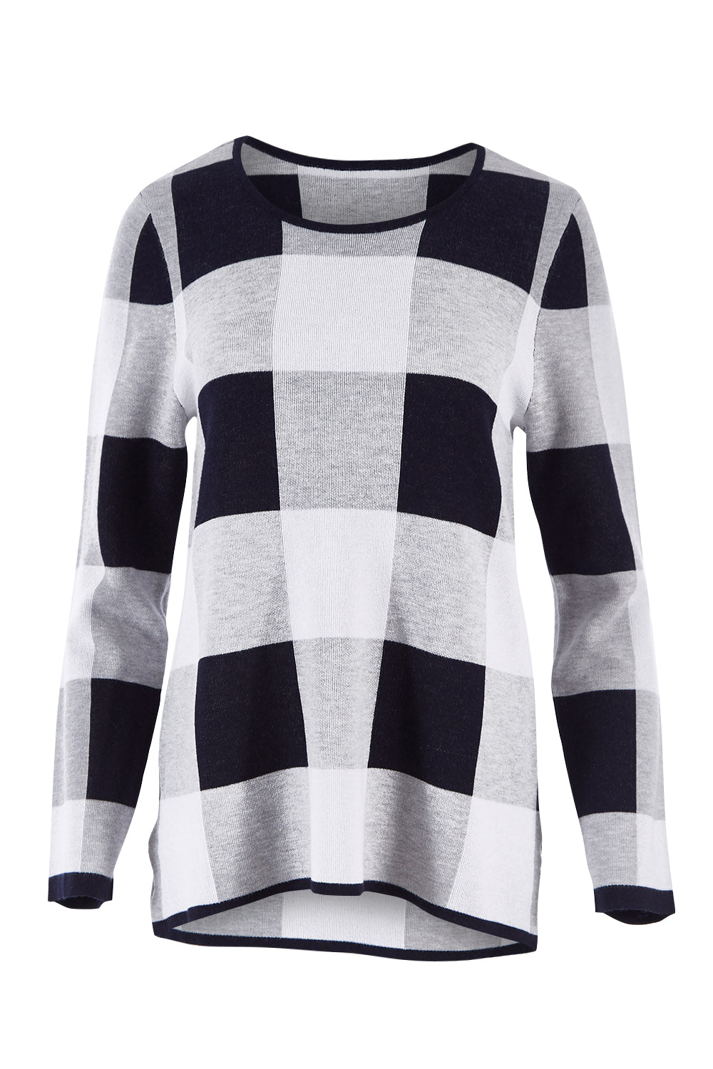 Product shot of the Check Out Chic Sweater in colour Midnight (Blue), from the front